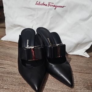 Salvatore Ferragamo Black Mules with Bow Accent